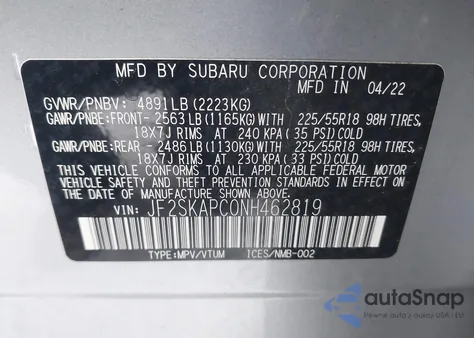 2022 Subaru Forester Limited z USA, uszkodzony, nr VIN JF2SKAPC0NH462819